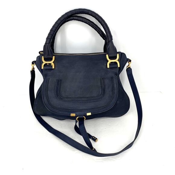 Chloe Marcie Graphite Suede Calfskin Satchel Medium Navy Blue Double Carry Bag - Picture 15 of 16